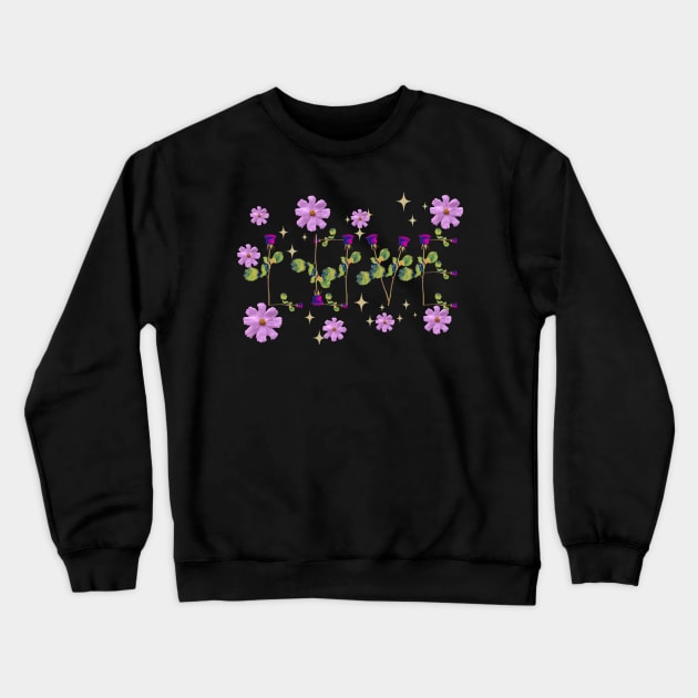 Love pink  roses on stems with gems and purple flowers black bg Crewneck Sweatshirt by VantaTheArtist